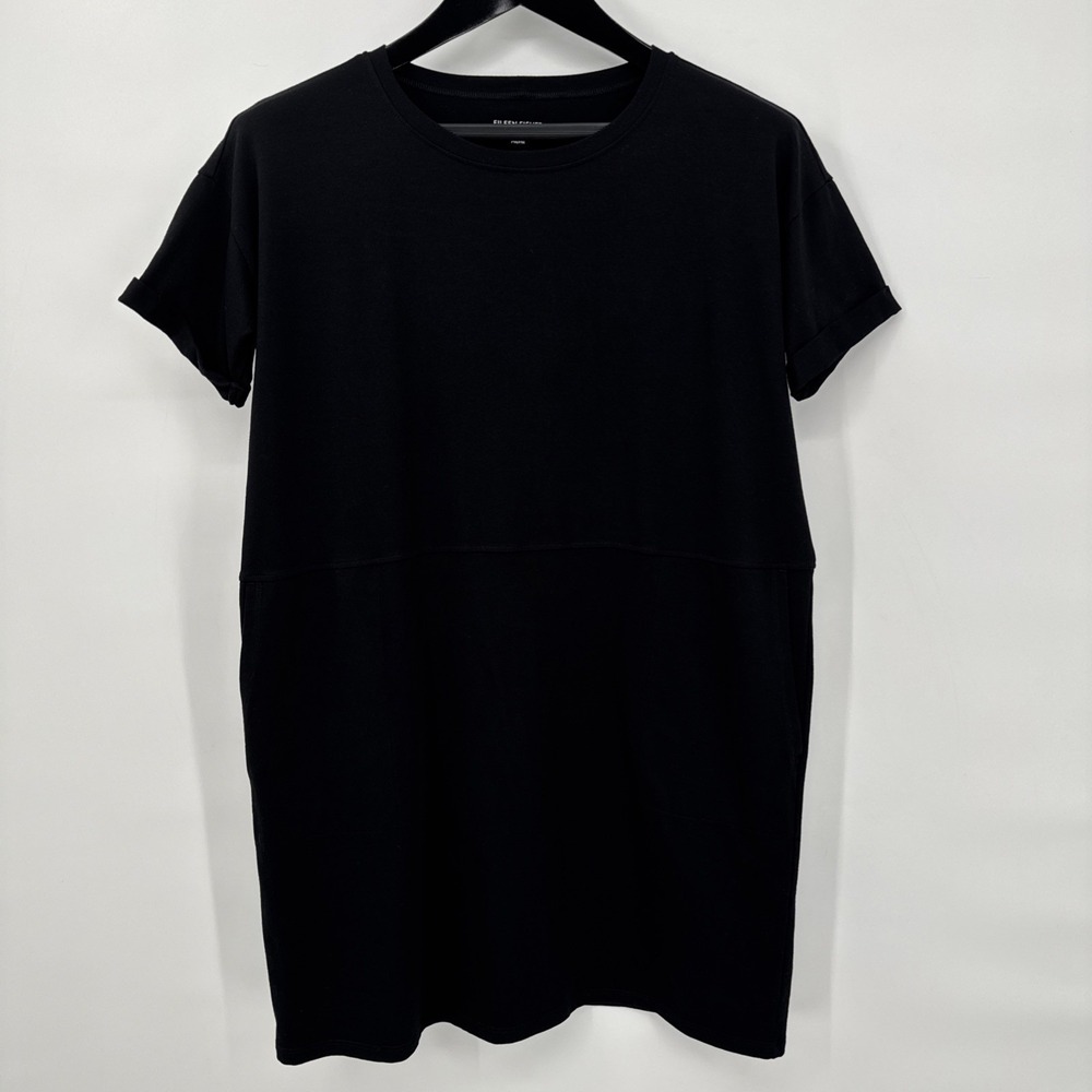 Eileen Fisher Black Organic Cotton Spandex Midi Dress Minimalist Boxy Pockets PM